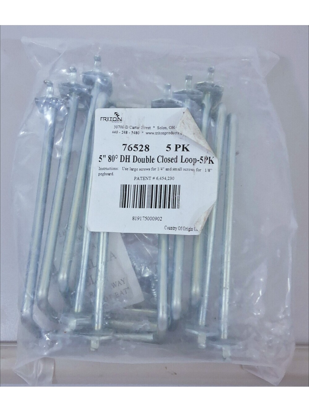 Triton DuraHooks 76528 5" Double Hung Dbl Closed Loop 5 Pack 1/8" -1/4" Pegboard